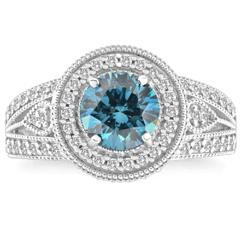 alternative engagement rings -2 3/4Ct Blue & White Diamond Halo Vintage Engagement Ring 10k White Gold