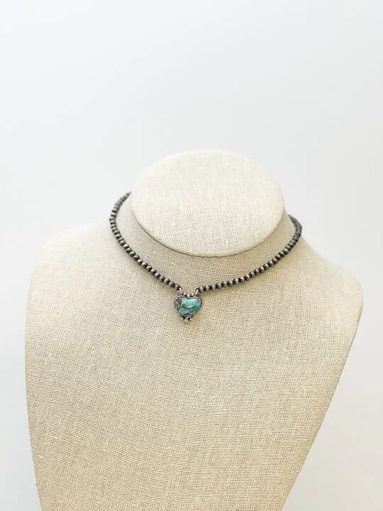 women initial necklaces -Semi Precious Heart Pendant Choker Necklace - Turquoise