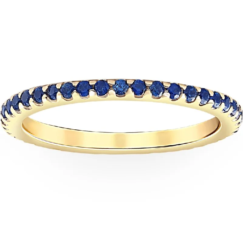 classic engagement rings -3/4Ct Genuine Blue Sapphire Eternity Ring Stackable Band 10k Yellow Gold