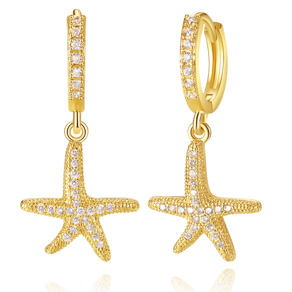 women gold-plated earrings -14K Gold Dangle Drop Hoop Earrings for Women Girls- Starfish