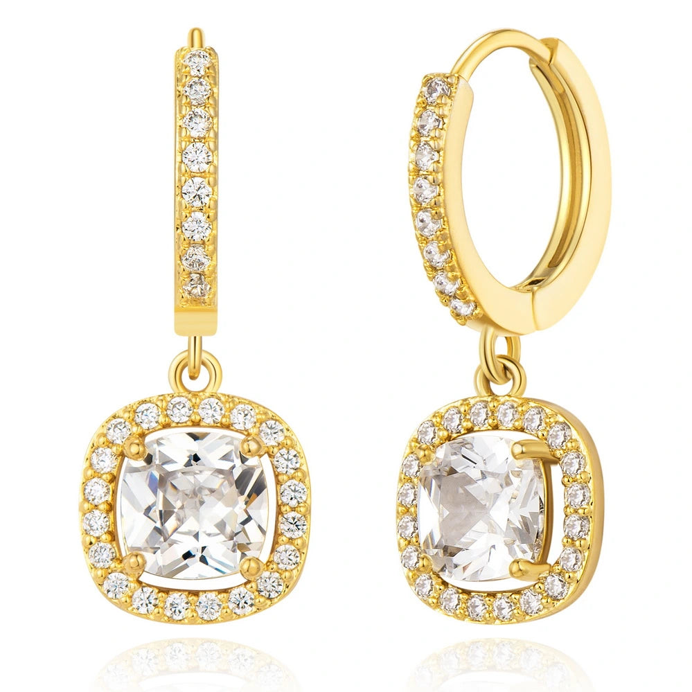 women gold earrings -14K Gold Huggies Hoop Dangle Drop Earrings- Square diamond hoop