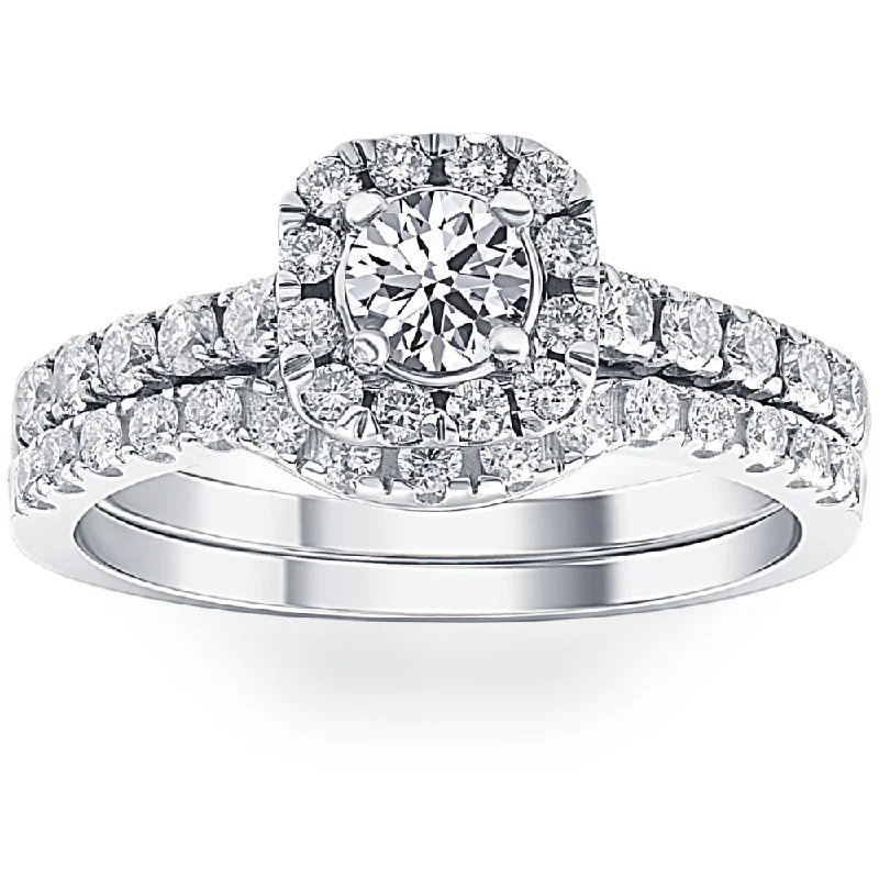 simple engagement rings -3/4Ct Cushion Halo Diamond Engagement Wedding Ring Set White Gold Lab Grown