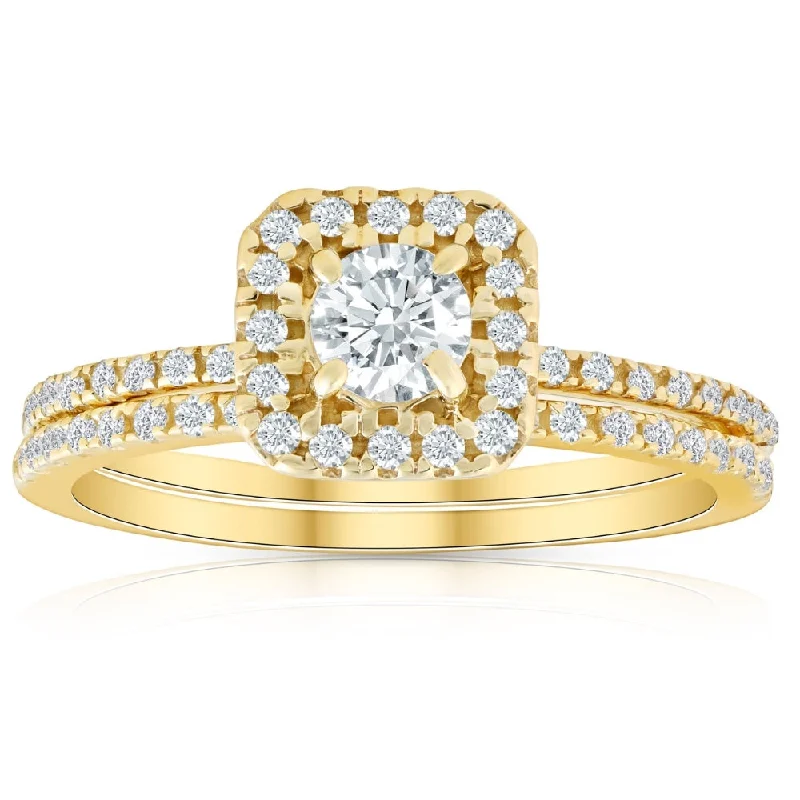 yellow diamond engagement rings -5/8 Ct TDW Diamond Cushion Halo Engagement Wedding Ring Set Yellow Gold