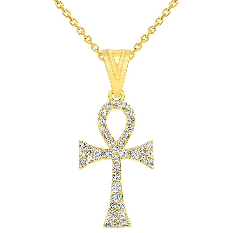 women 18k gold necklaces -14k Yellow Gold Cubic-Zirconia Egyptian Ankh Cross Pendant with Rolo Cable, Cuban Curb, or Figaro Chain Necklaces