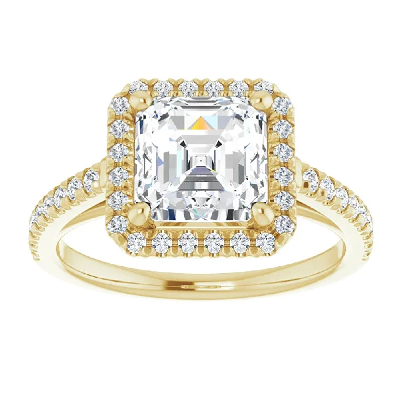 affordable solitaire engagement rings -3 1/2Ct Asscher Cut Moissanite & Diamond Halo Engagement Ring in 10k Gold