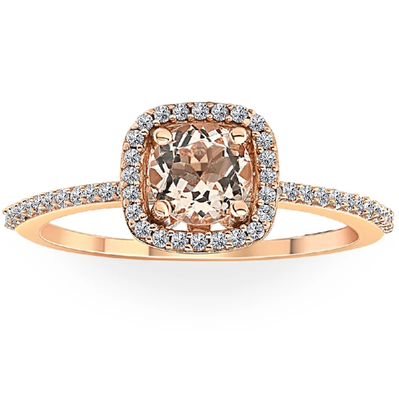 simple platinum engagement rings -1 Ct Cushion Halo 6mm Morganite & Diamond Rose Gold Engagement Anniversary Ring