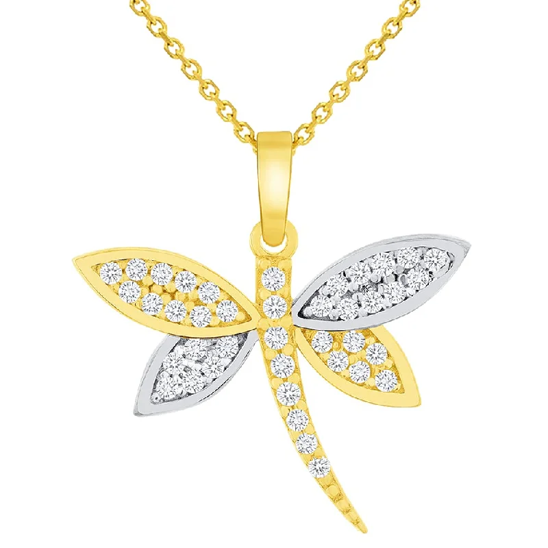 women statement silver necklaces -14k Yellow Gold Cubic Zirconia Two-Tone Dragonfly Pendant with Rolo Cable, Cuban Curb, or Figaro Chain Necklaces