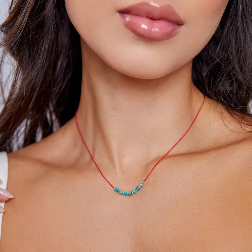 women luxury necklaces -Dainty Turquoise Necklace - Solid Gold & Silk Red String