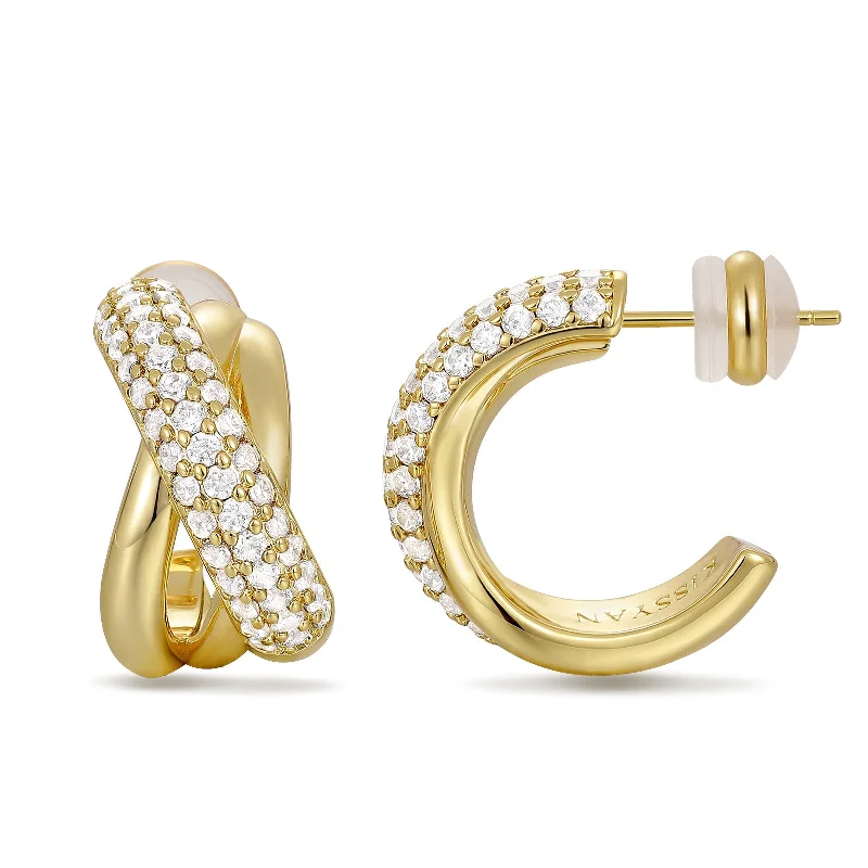 women art deco earrings -14K Gold Plated Cubic Zirconia Triple Open Hoops C Shape Wrap Earrings