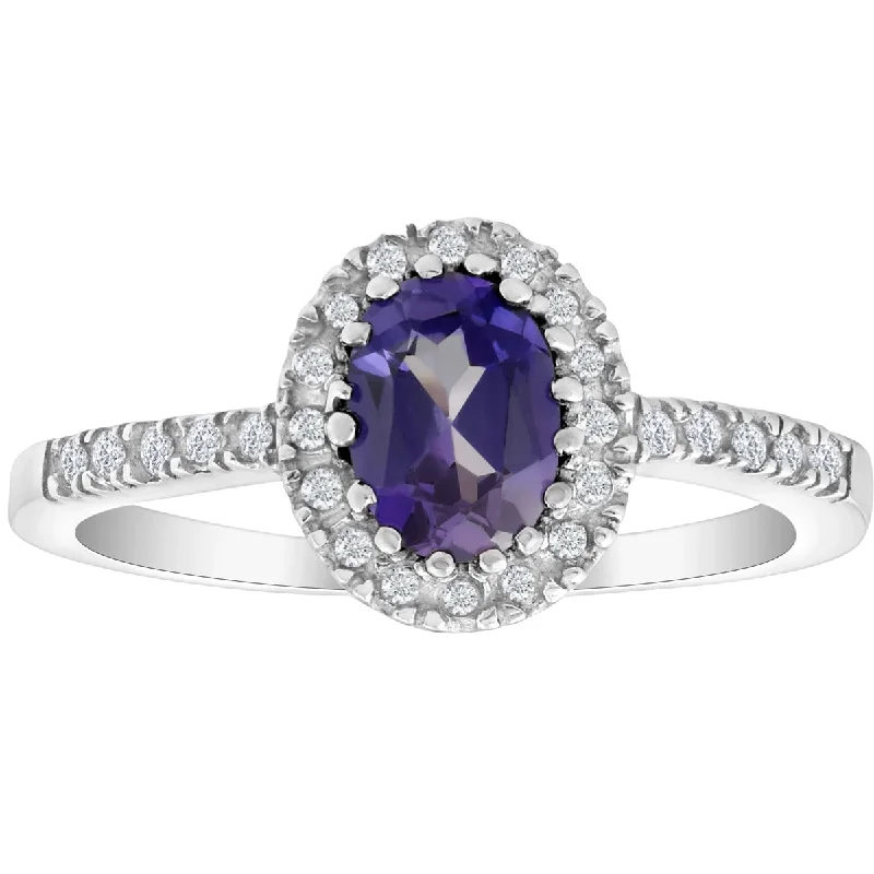 vintage sapphire engagement rings -3/4 Ct Diamond Oval Halo Amethyst Ring 14k White Gold