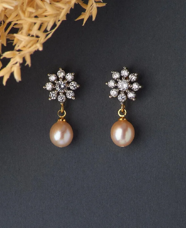 women vintage pearl earrings -Floral Pink Pearl Hang Earring