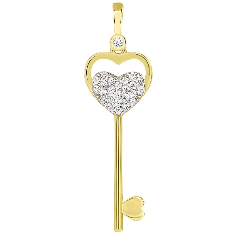 women lucky charm necklaces -14k Yellow Gold Double Heart Love Key Pendant with Cubic Zirconia Gemstones