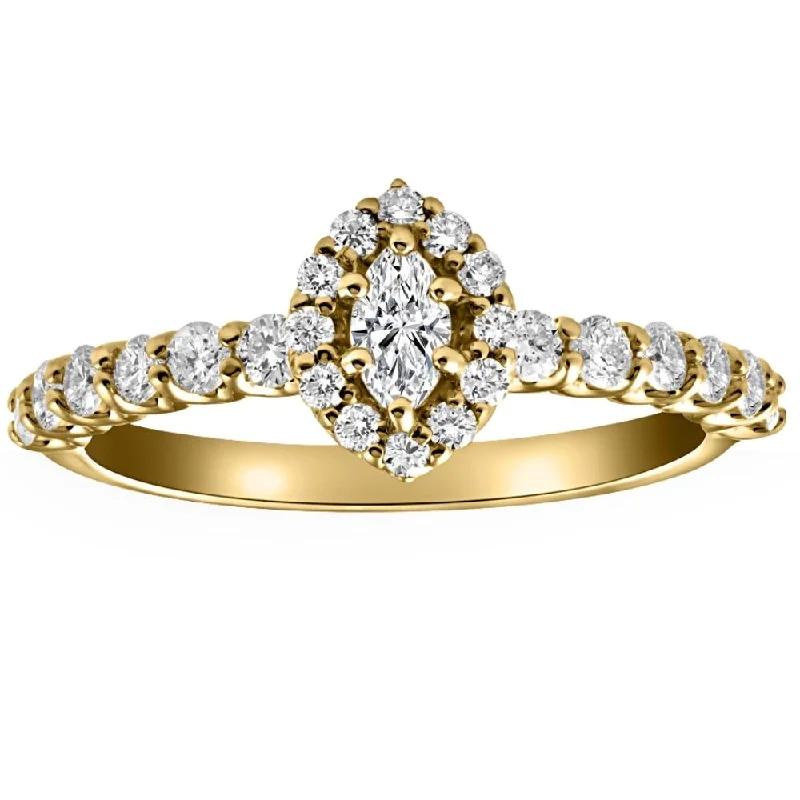 engagement rings with side stones -3/4Ct Marquise Halo Diamond Engagement Wedding Ring Set in White or Yellow Gold