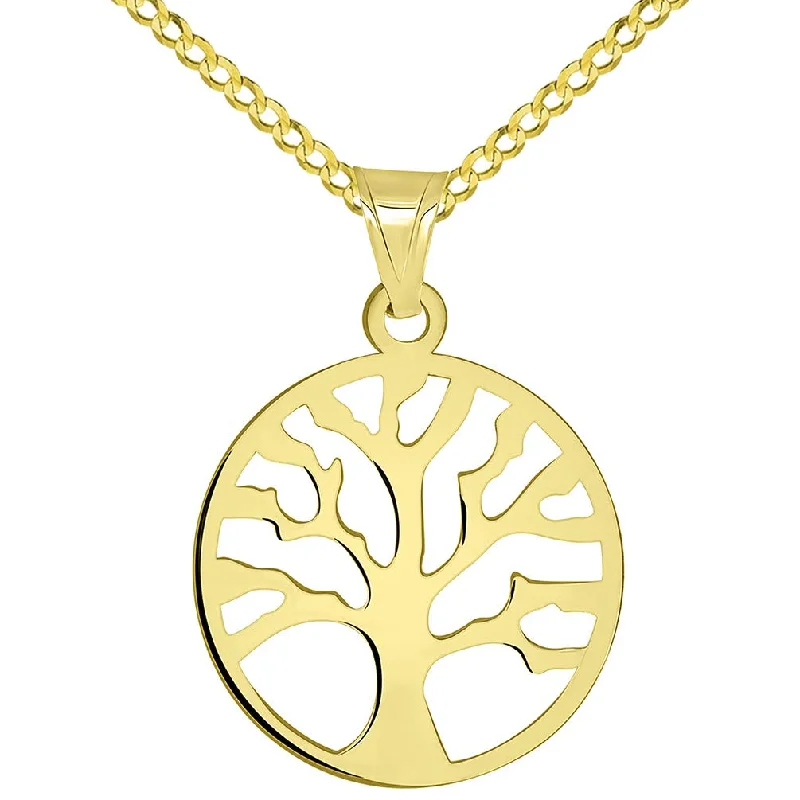 women art deco necklaces -Solid 14k Yellow Gold Round Shaped Tree of Life Disc Pendant with Cuban Chain Necklace