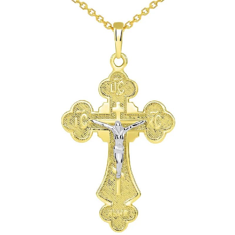 women rhinestone necklaces -14k Two Tone Gold Botonnee St. Olga Orthodox Cross IC XC NIKA Crucifix Pendant Necklace