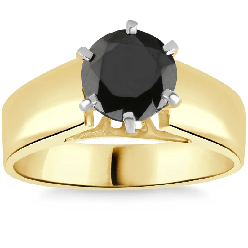 modern halo engagement rings -2Ct Round Black Diamond Solitaire Engagement Ring 14k Yellow Gold