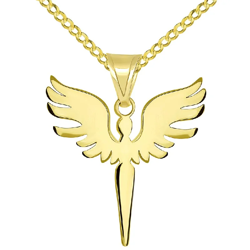 women luxury diamond necklaces -Solid 14k Yellow Gold Guardian Angel Archangel Silhouette Pendant with Cuban Necklace