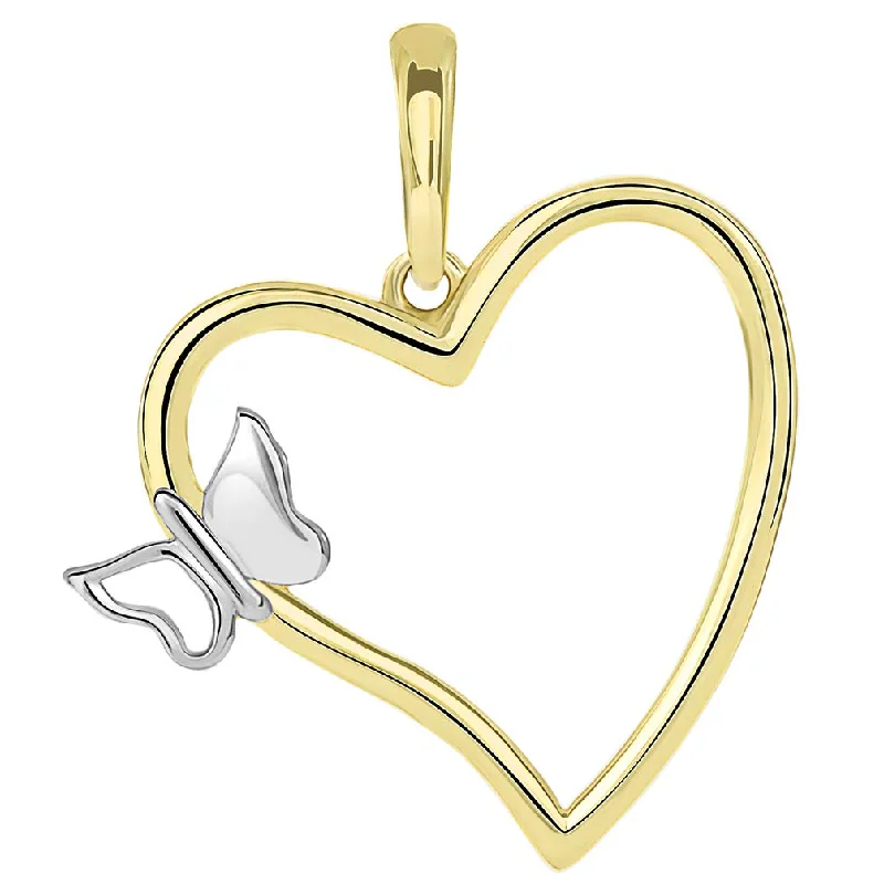 women gold necklaces -Solid 14K Yellow Gold Curved Open Heart with Butterfly Pendant