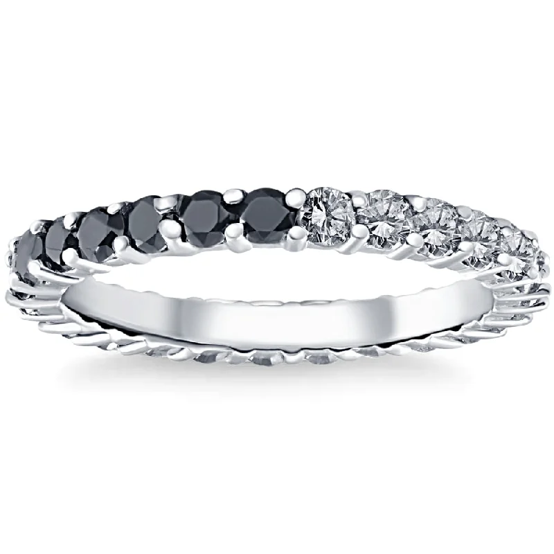 floral engagement rings -1 1/4Ct Black & White Diamond Eternity Stackable Wedding Ring 10k White Gold