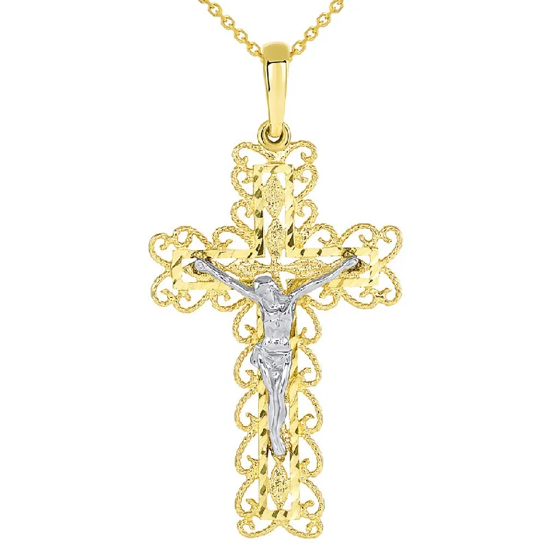 women pendant necklaces -14k Two Tone Gold Fancy Religious Filigree Cross Jesus Crucifix Pendant Necklace