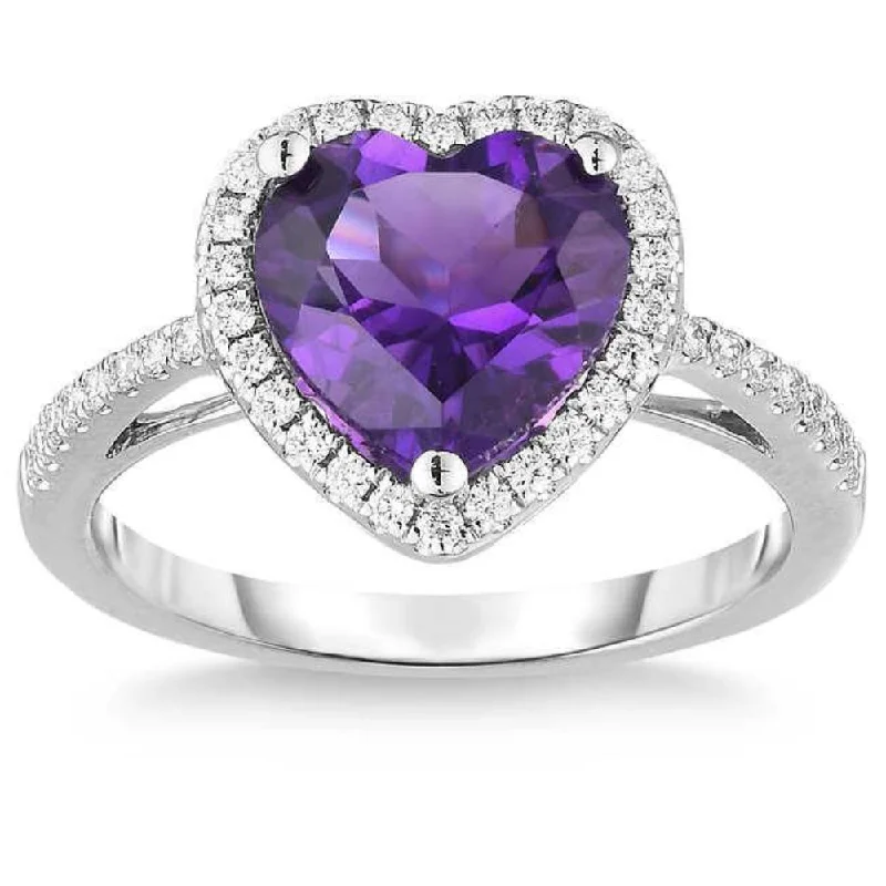 engagement rings with colored stones -8mm Heart Amethyst & Diamond Ring in 14k White Gold