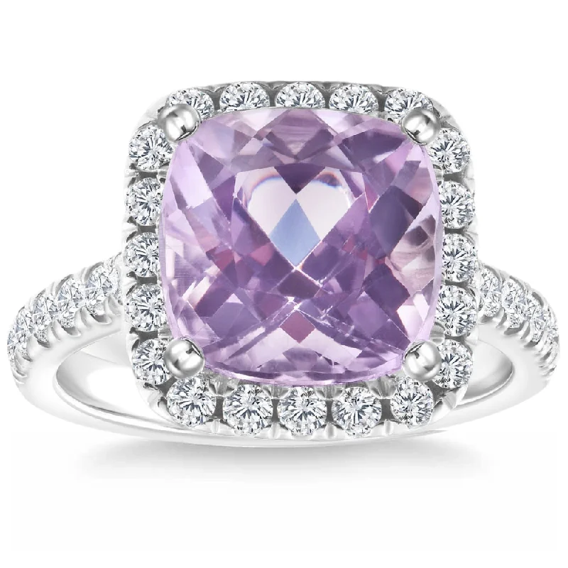 wedding engagement rings -6 1/4Ct Cushion Pink Kunzite & Diamond Halo Ring 14k Gold Lab Grown