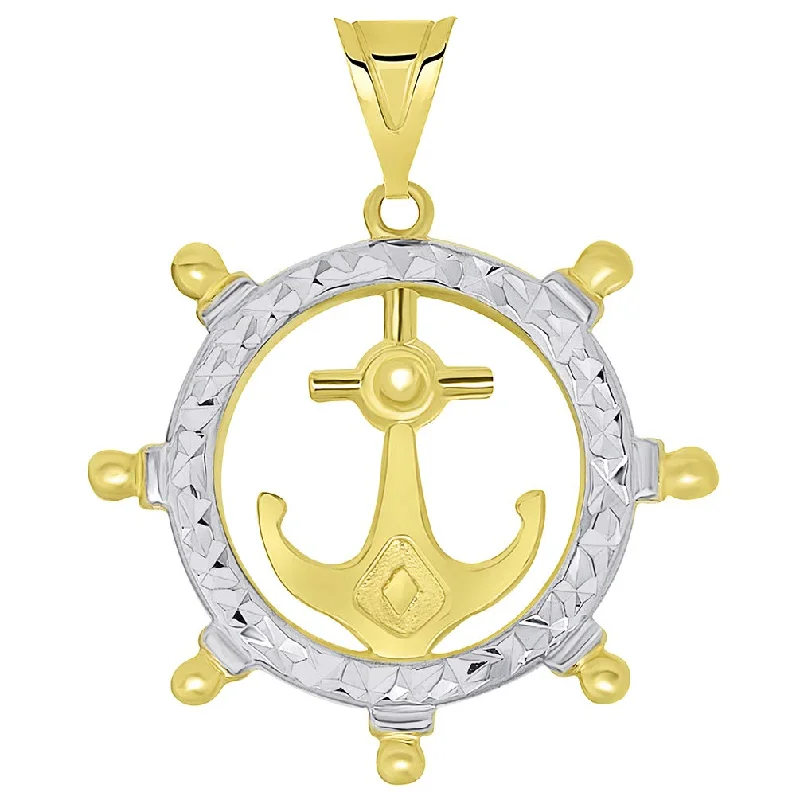 women statement necklaces -14k Yellow Gold Textured Two Tone Anchor Inside Ships Wheel Pendant for Women