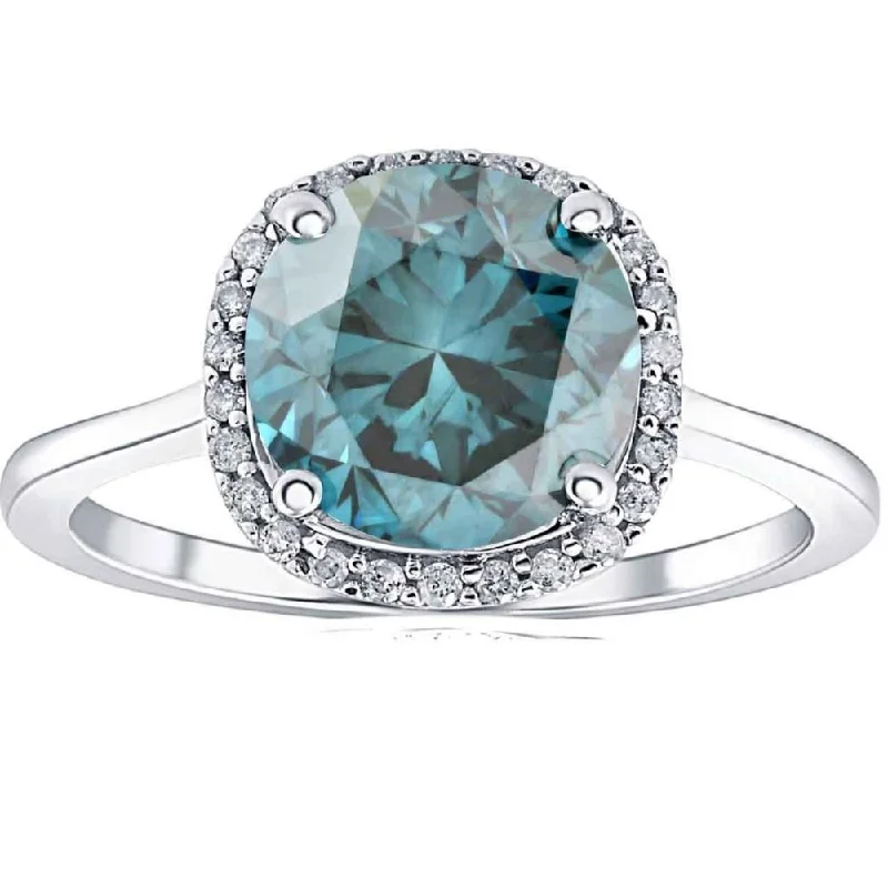 two-tone engagement rings -3 1/4Ct Blue Diamond Halo Engagement Ring Lab Grown in 14k White Gold