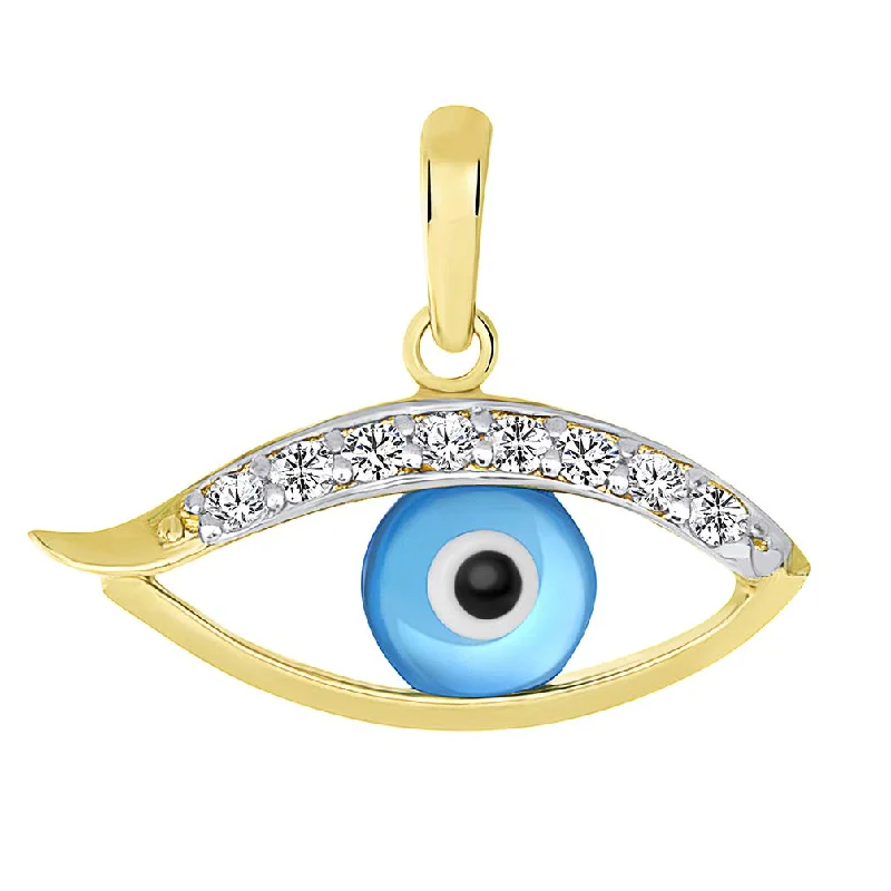 women heart-shaped necklaces -14K Yellow Gold Dainty Blue Open Evil Eye Charm Pendant with Cubic Zirconia Stones