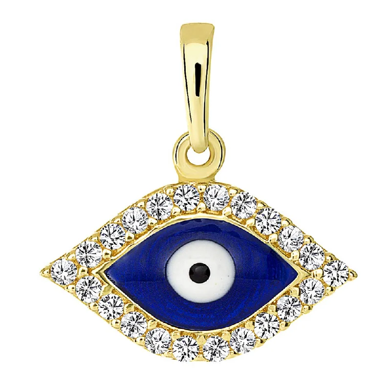 women adjustable necklaces -Solid 14k Yellow Gold Blue Evil Eye Charm Pendant with Cubic Zirconia