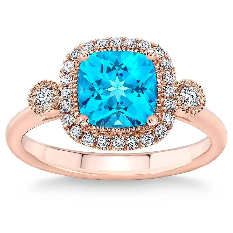 three-stone engagement rings -2Ct TW Blue Cushion Topaz & Diamond Halo Engagement Ring in 14k Rose Gold