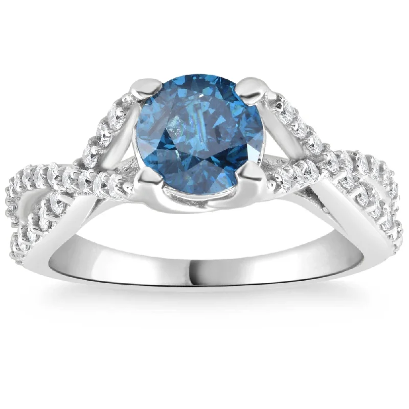 vintage-style engagement rings -1 5/8Ct Blue & White Diamond Infinity Twist Engagement Ring 14k White Gold