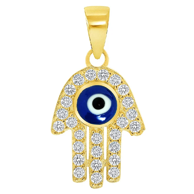 women silver necklaces -Solid 14k Yellow Gold Mini Cubic-Zirconia Blue Evil Eye Hamsa Hand Pendant