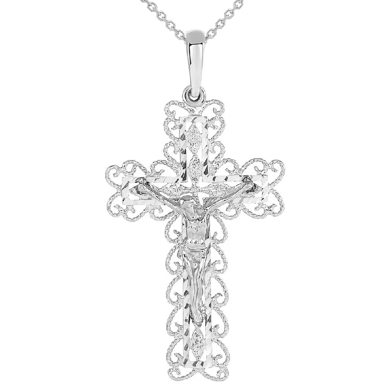 women charm necklaces -14k White Gold Fancy Filigree Religious Cross Jesus Crucifix Pendant Necklace