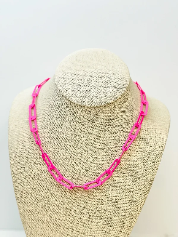 women art deco necklaces -Bold Flat Chainlink Necklace - Fuchsia