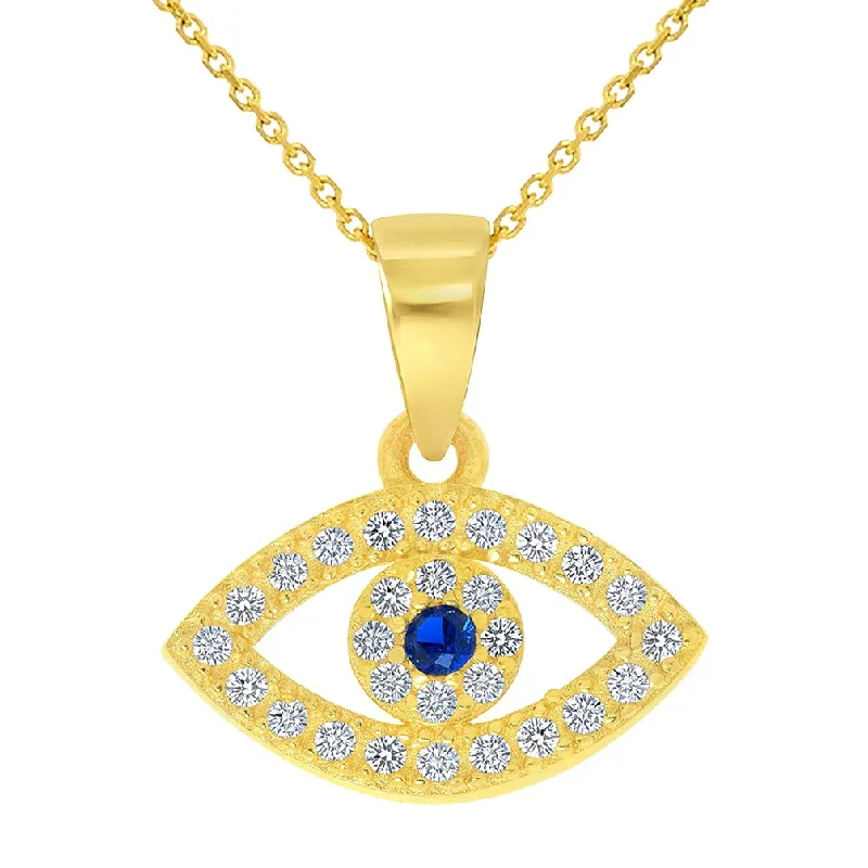 women etched metal necklaces -14k Yellow Gold Cubic Zirconia Mini Blue Evil Eye Charm Eye Shaped Pendant with Rolo Cable, Cuban Curb, or Figaro Chain Necklaces