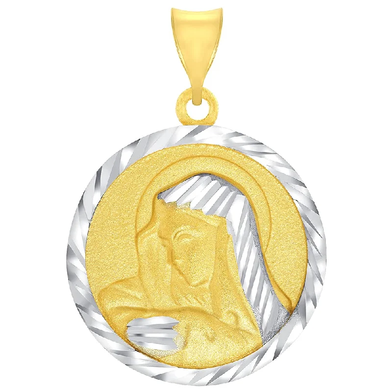 women rope necklaces -14k Yellow Gold Textured Two Tone Round Virgin Mary Medallion Pendant