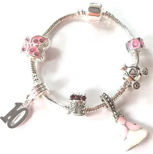 Pink Princess 10th Birthday Girls Gift - Silver Plated Charm Bracelet