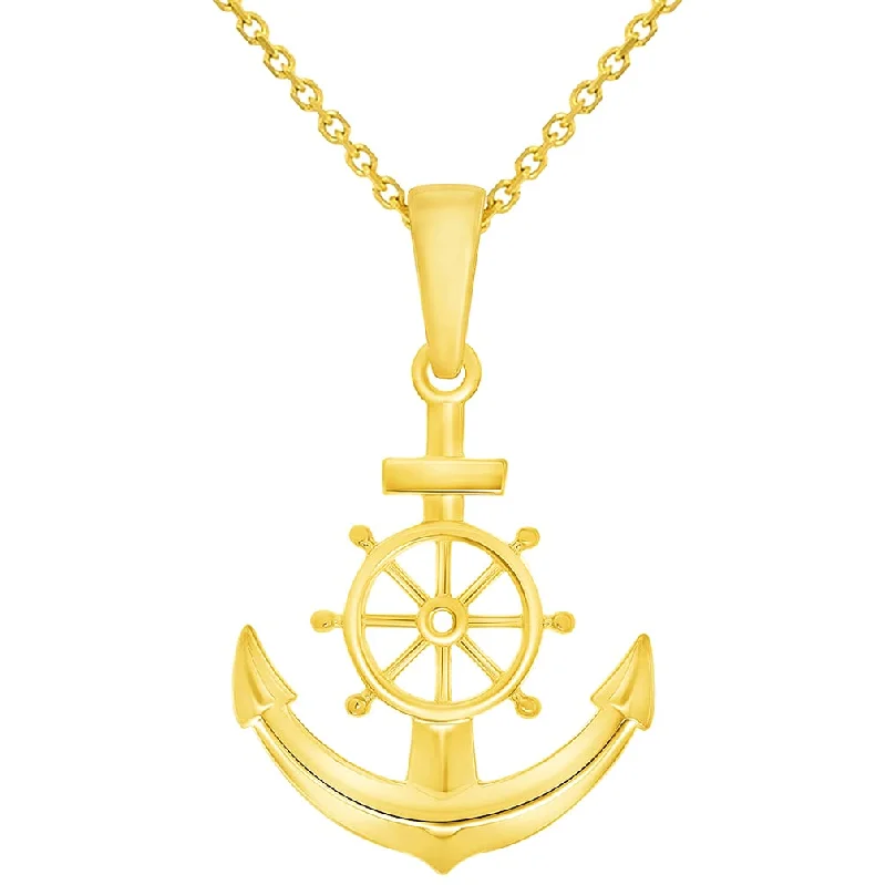 women engraved necklaces -14k Yellow Gold Ship Wheel and Anchor Charm Nautical Pendant with Rolo Cable, Cuban Curb, or Figaro Chain Necklaces