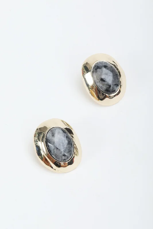 women pearl stud earrings -Oval Grey Stone Stud Earrings