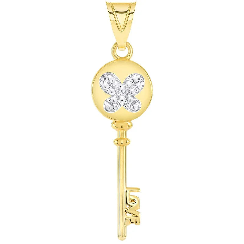 women vintage necklaces -14k Yellow Gold Round Bow Handle Two Tone Butterfly Love Key Pendant