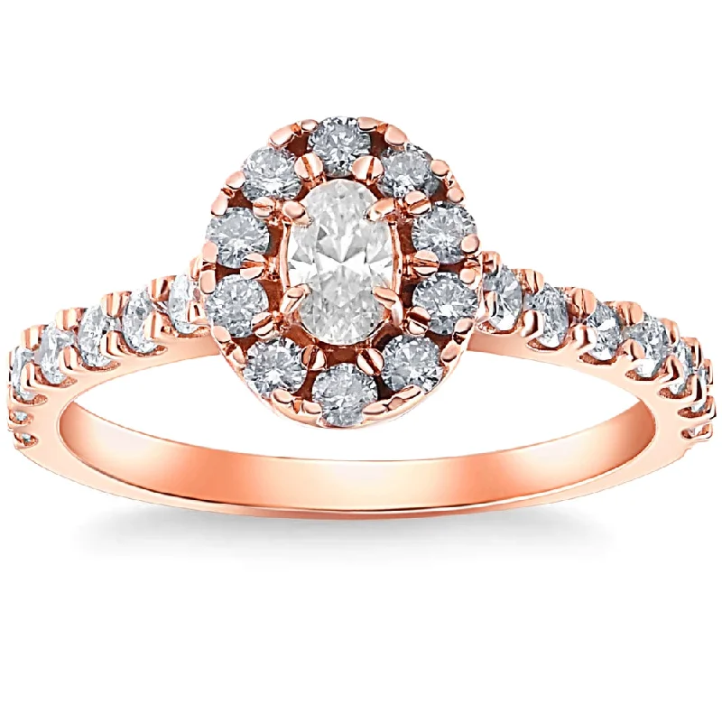 custom engagement rings with engravings -1Ct TW Diamond & Oval Moissanite Halo Engagement Ring 10k Rose Gold