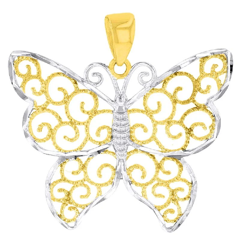 women pearl drop necklaces -14k Yellow Gold Textured Filigree Style Butterfly Pendant