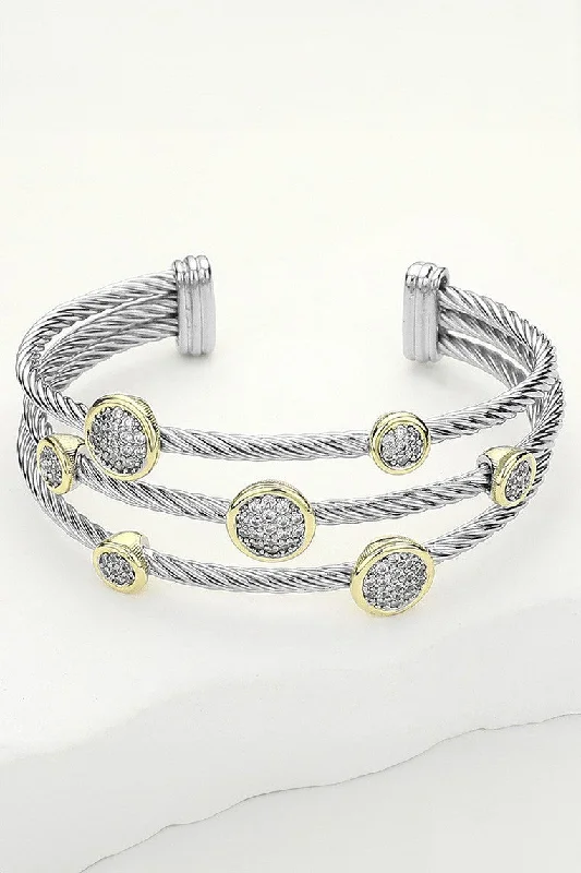 Stone Paved Round Bezel Split Cuff Bracelet