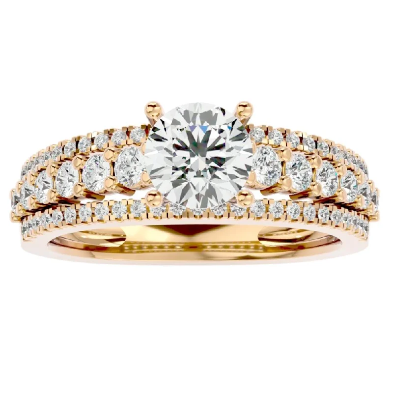 unique engagement ring designs -1 1/2Ct 3Row Diamond & Moissanite Engagement Ring in White, Yellow, Rose Gold