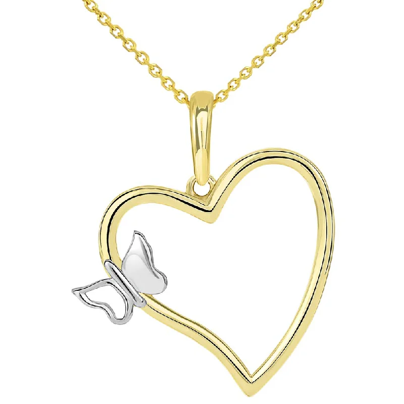 women long silver necklaces -14k Yellow Gold Open Heart with Butterfly Pendant Necklace - Available with Rolo, Curb, or Figaro Chain Necklaces