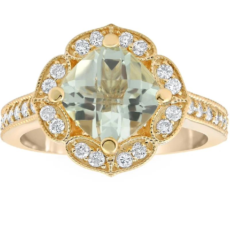 simple engagement rings with diamonds -4 1/2Ct Green Amerthyst Cushion & Diamond Ring in 10k Yellow Gold