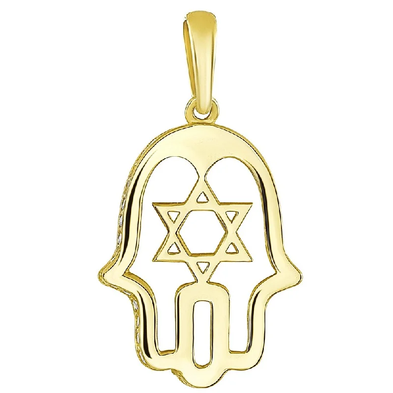 women gold plated necklaces -14K Yellow Gold CZ Hamsa Hand of God with Star of David Pendant