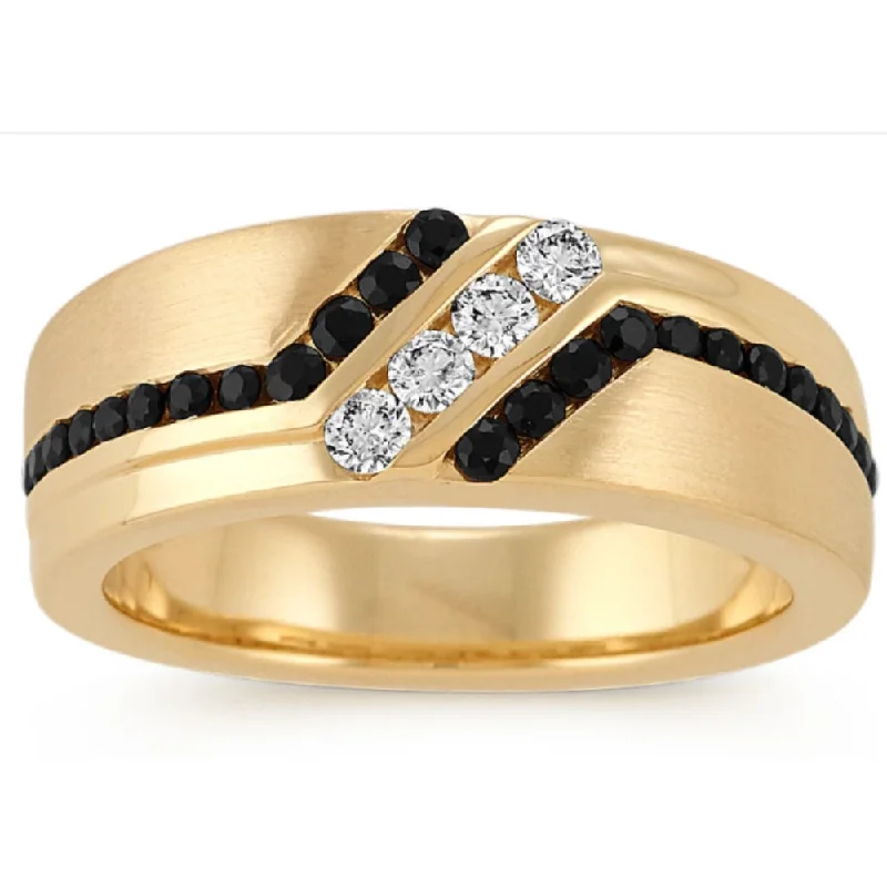 affordable princess cut engagement rings -1 Ct TW Mens Black & White Diamond Wedding Band 10k Yellow Gold Ring