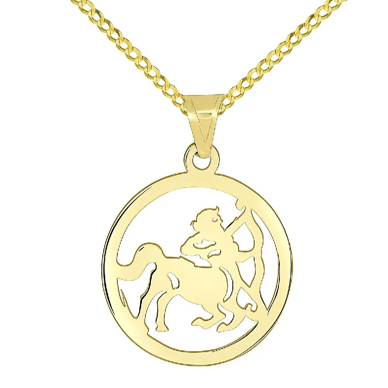 women colorful gemstone necklaces -14k Yellow Gold Dainty Round Sagittarius Zodiac Sign Cut-Out Disc Pendant with Cuban Chain Necklace